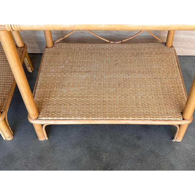 Pair of Split Reed Bamboo Rattan Nightstands with Drawer and Low Tier, 1970s For Sale - Image 9 of 18