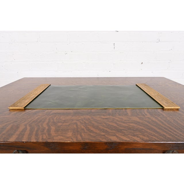 Art Deco Tiffany Studios New York "Adam" Bronze Doré Blotter Ends With Leather Desk Blotter For Sale - Image 3 of 10