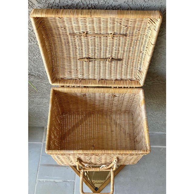 Wood Circa 1970 Coastal Chic Nicely-Sized Decorative Rattan Sewing Basket With Folding Latch Handles For Sale - Image 7 of 15