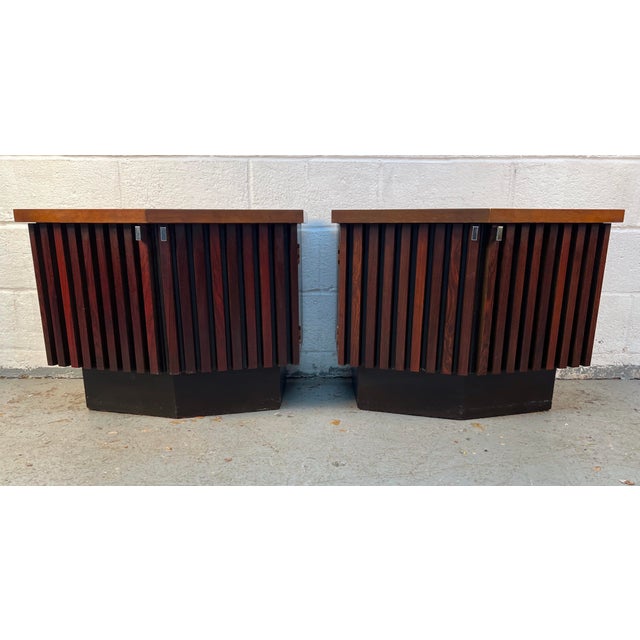 Authentic vintage Lane Furniture “Tower Suite” mid-century modern nightstands showcasing the clean architectural lines and...