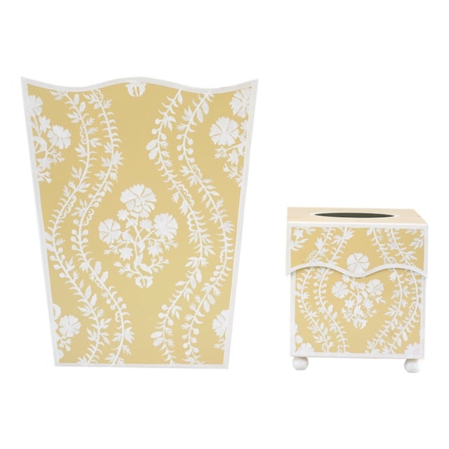 Butter Yellow Floral Trellis Tole Waste Basket & Tissue Box Set For Sale