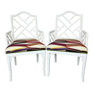 Faux Bamboo Chippendale Style White Pierre Frey Carriacou Chair Pair For Sale