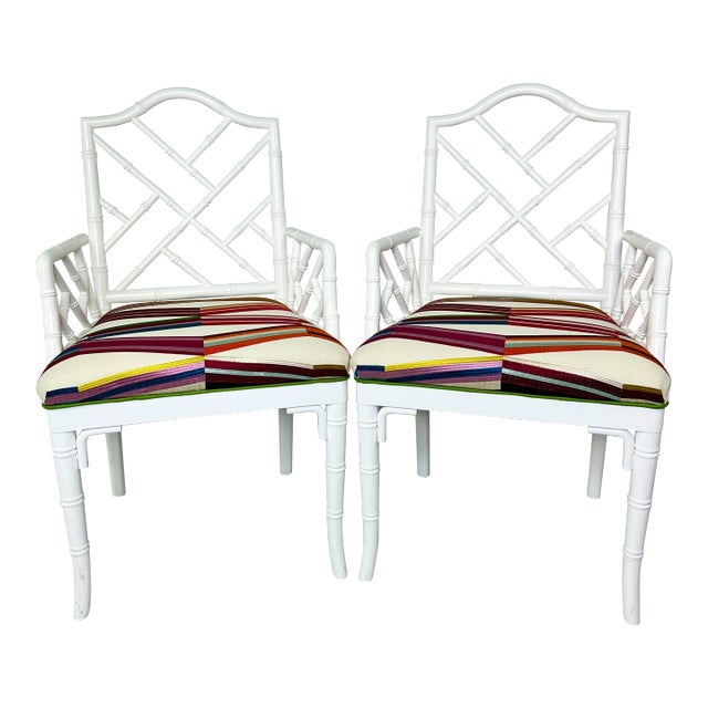 Faux Bamboo Chippendale Style White Pierre Frey Carriacou Chair Pair For Sale