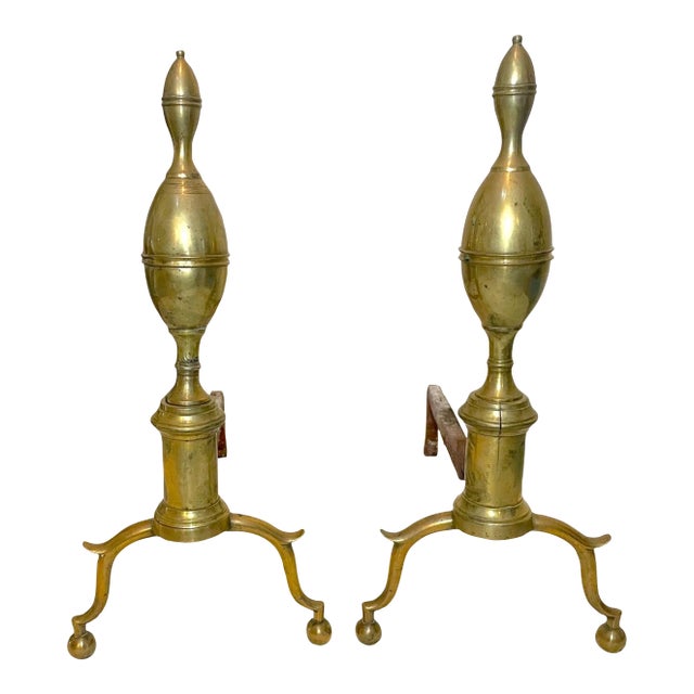 Pair of Antique 1700's Peened Brass Wrought Iron Federal Double Lemon Andirons For Sale