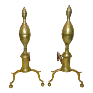 Pair of Antique 1700's Peened Brass Wrought Iron Federal Double Lemon Andirons