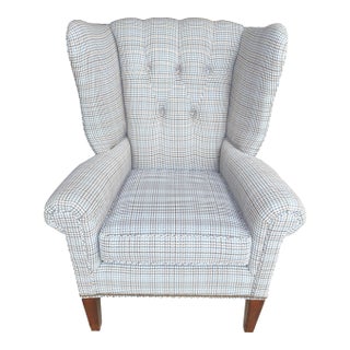 English Chesterfield Style Blue Houndstooth Tufted Back Wingback Chair For Sale