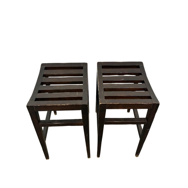 Asian Pair of Vintage Baker Furniture Milling Road Slatted Saddle-Seat Counter Stools For Sale - Image 3 of 11