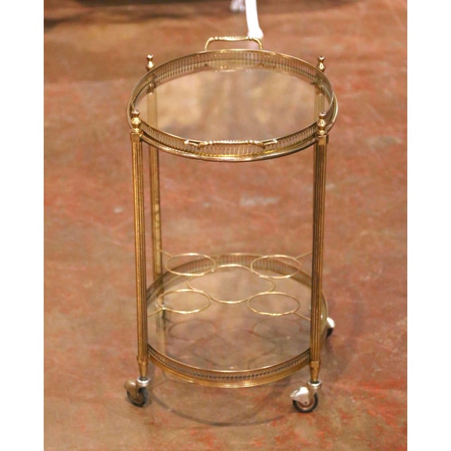 Mid-Century French Brass Oval Bar Cart With Bottle Holder and Glass Shelf For Sale In Dallas - Image 6 of 9