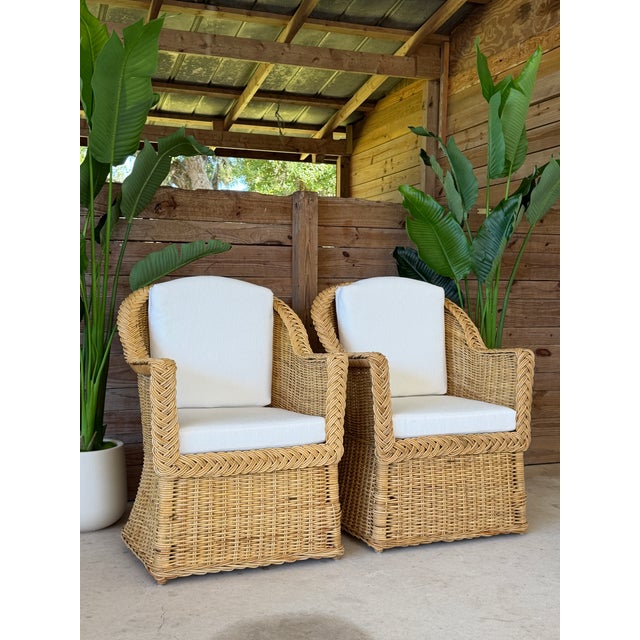 Pair of Vintage Michael Taylor Style Braided Rattan Wicker Lounge Side Armchairs For Sale - Image 12 of 12