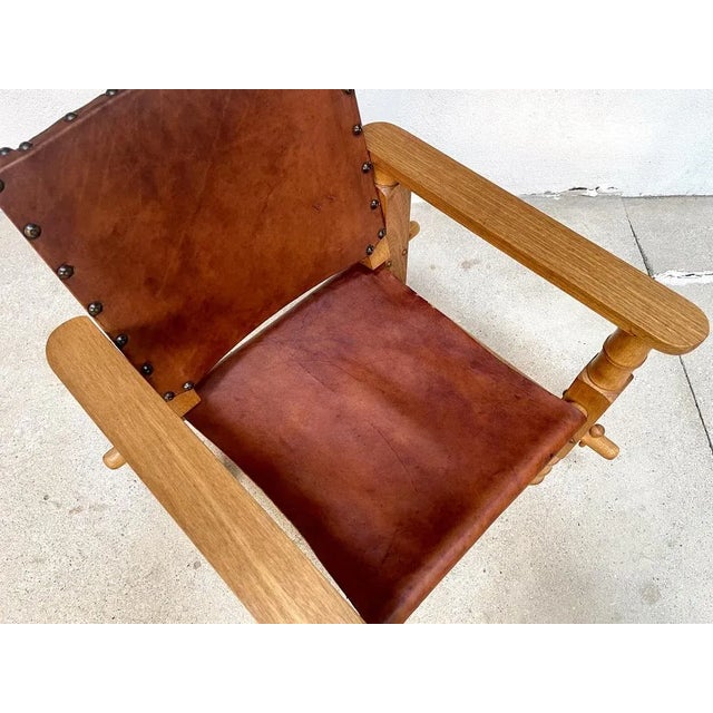 Maroon South American Brutalist Leather & Oak Safari Chair, Colombia, 1960s For Sale - Image 8 of 13