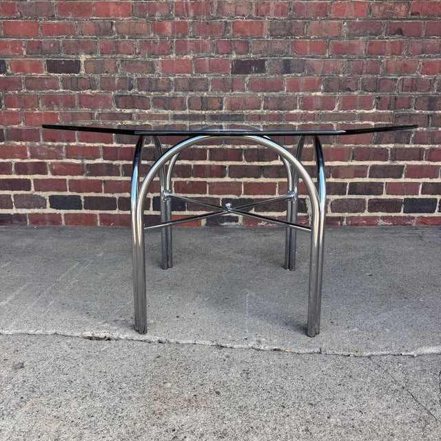 Daystrom Daystrom Chrome Tubular Octagonal Glass Dining Table With 4 Chairs With Wooden Arm Rests For Sale - Image 4 of 12