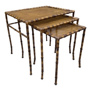 Vintage Hollywood Regency Faux Tortoiseshell, Faux Bamboo & Faux Cane Metal Nesting Tables – Set of 3 For Sale