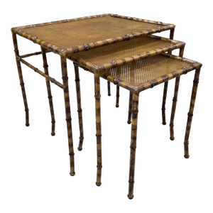 Vintage Hollywood Regency Faux Tortoiseshell, Faux Bamboo & Faux Cane Metal Nesting Tables – Set of 3