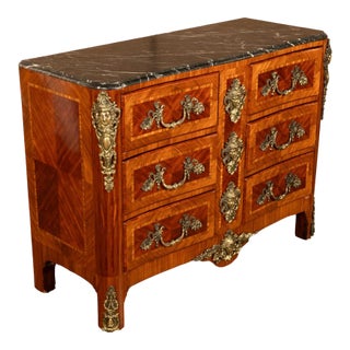Antique French Louis XV Ormolu Inlaid Kingwood Marble Commode Chest For Sale
