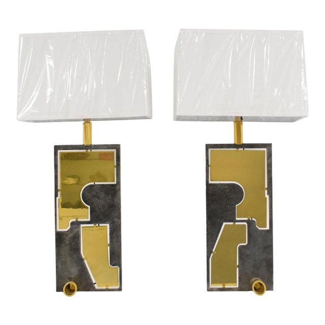 Pair of Industrial Brutalist Brass and Steel Table Lamp, Circa 1980 For Sale