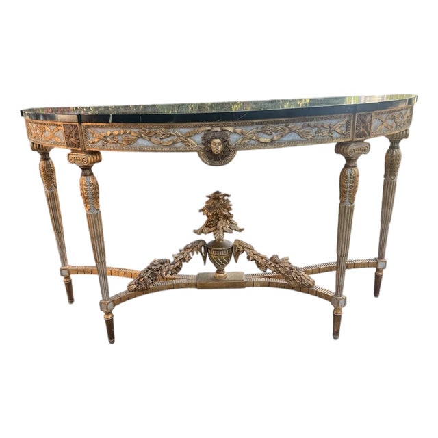 Louis XVI-Style Giltwood Demi-Lune Console Table With Trompe-L’Œil Marble Top For Sale