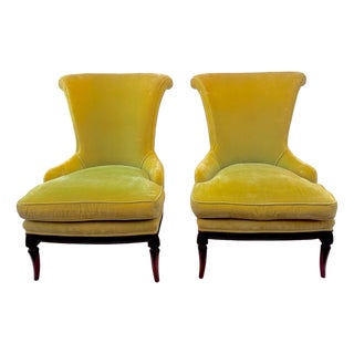 French Art Deco Curved Back Yellow Velvet Armchairs - France. Circa 1930 For Sale