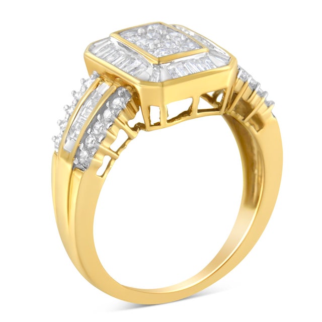 10K Yellow Gold Round and Baguette-Cut Diamond Cocktail Ring (1.0 Cttw, H-I Color, SI2-I1 Clarity) - Size 7 For Sale - Image 4 of 7