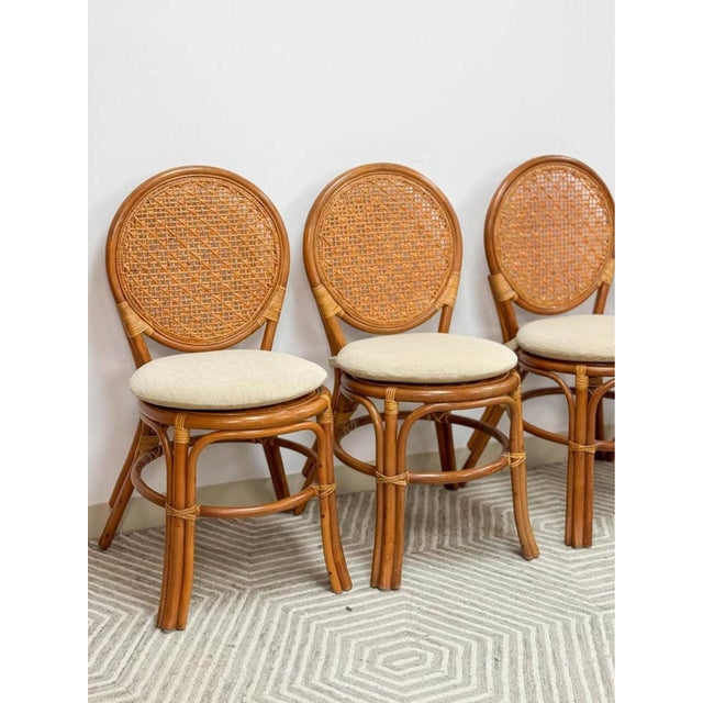 Late 20th Century Cane Rattan Round Dining Chair Set Four Cushion Coastal Hollywood Regency For Sale - Image 4 of 10