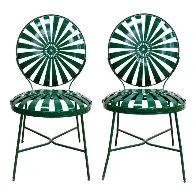 Antique Green Francois Carre Sunburst Garden Chairs, Pair For Sale