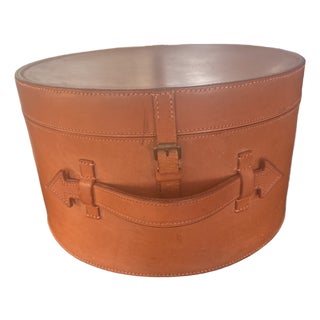 Cognac Leather Rounded Storage Container For Sale