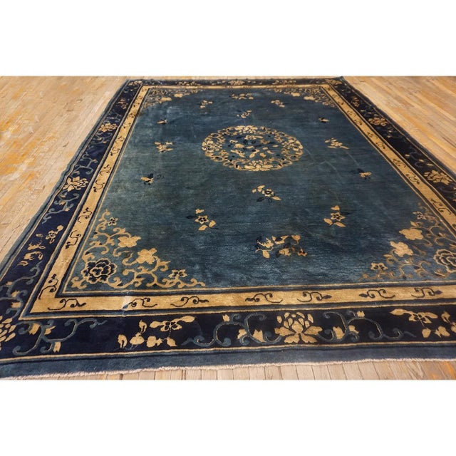 1920s 1920s Classic Chinese Symbols Navy Blue Open Field Antique Peking Room Size Rug For Sale - Image 5 of 11