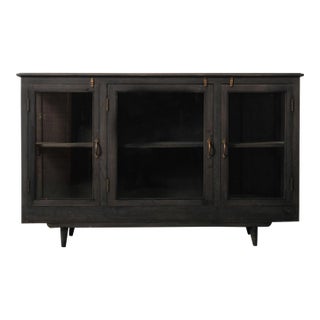 Charcoal-Washed Wooden Glass Cabinet With Brass Details For Sale