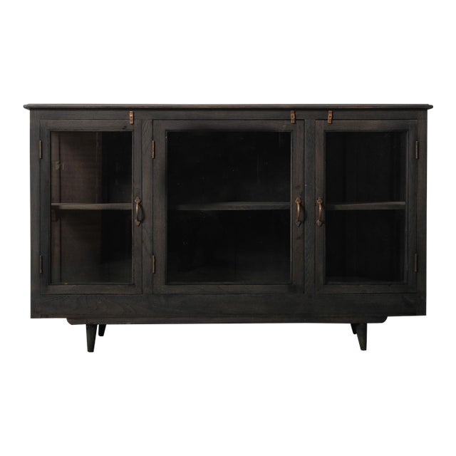 Charcoal-Washed Wooden Glass Cabinet With Brass Details For Sale
