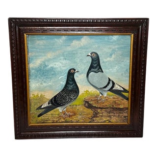 Circa 1930 British Folk Art Champion Racing Pigeons Oil Painting For Sale