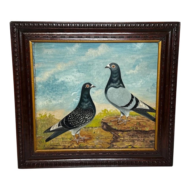 Circa 1930 British Folk Art Champion Racing Pigeons Oil Painting For Sale