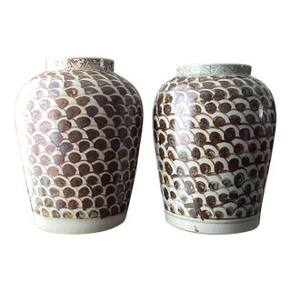 Late 20th Century Pair of Hand Made Large Fish Scale Pattern Vessels For Sale
