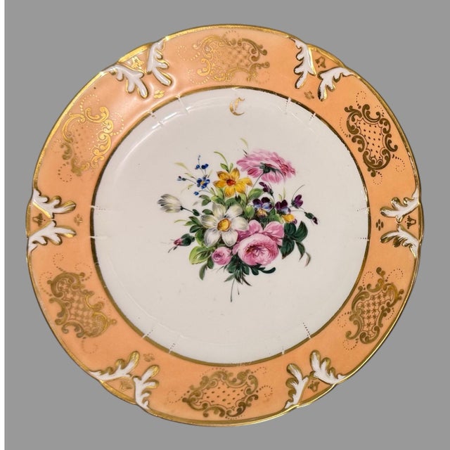 Peach Antique Victorian Old Paris Porcelain Floral & Gilt Decorated Plates- Set of 8 For Sale - Image 8 of 12
