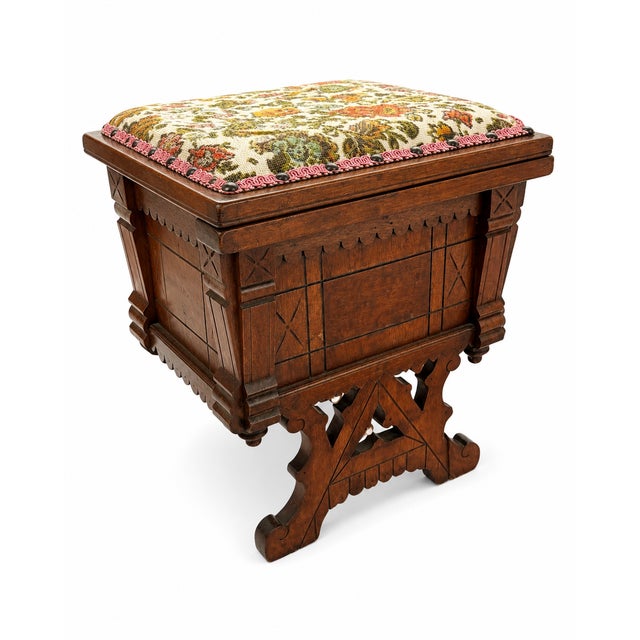 American Antique Eastlake Oak Commode With Needlepoint Seat For Sale - Image 3 of 5