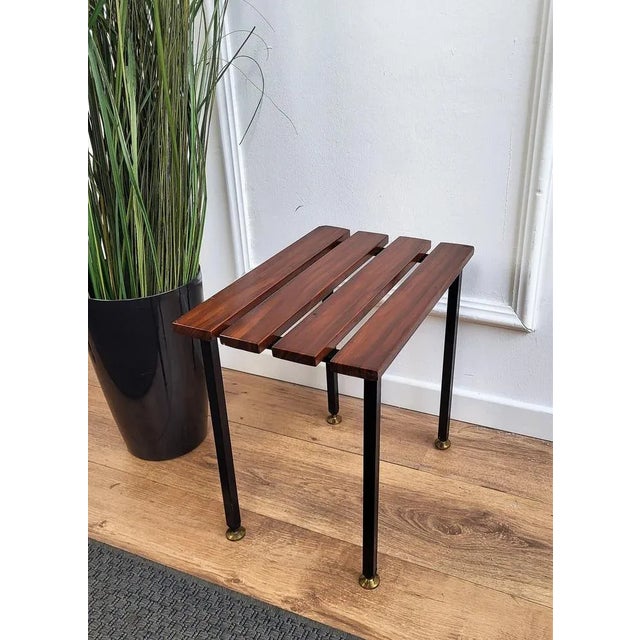 Mid-Century Modern Italian Metal Base Brass Feet Wooden Slat Stool, 1970s For Sale - Image 4 of 7