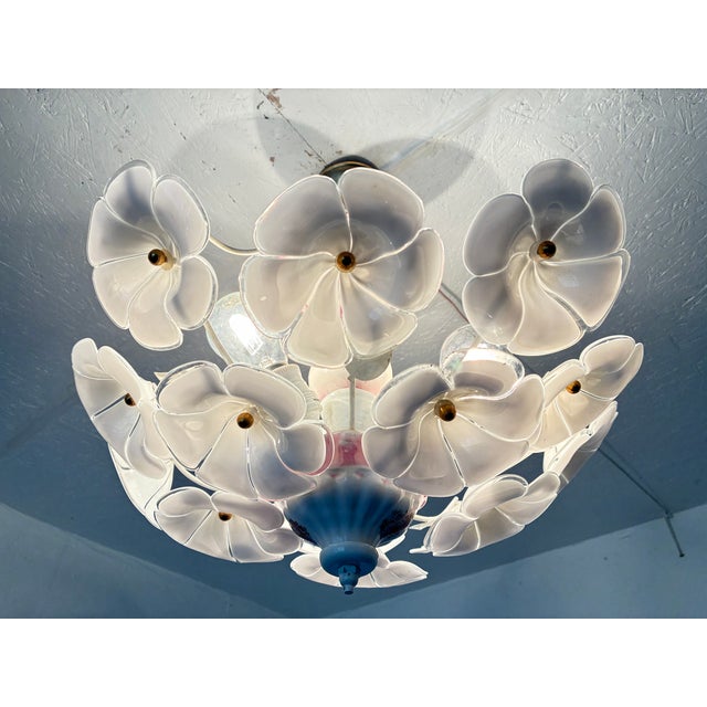 Vintage White Murano Style Floral Chandelier | Italian Art Deco Ceiling Light | 1980s Glass Flower Lighting For Sale - Image 16 of 17