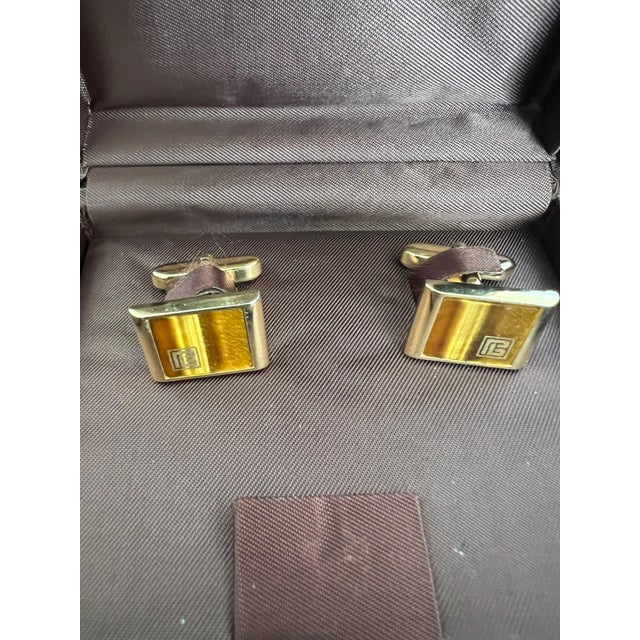 Vintage Balmain "Circa 1980s" Tiger Eye Cufflinks Original Purple Satin Case For Sale - Image 14 of 18