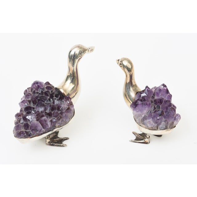 1990s Signed Gerson Silver Plate and Amethyst Duck Sculptures Pair of 90's For Sale - Image 5 of 11