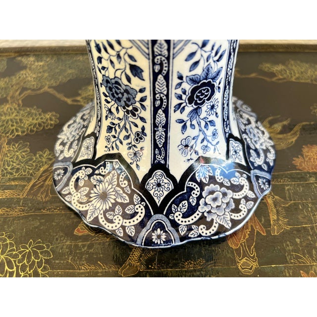 Vintage Large Delft Trumpet Vase Blue and White Floral Boch Royal Sphinx Urn For Sale - Image 17 of 18