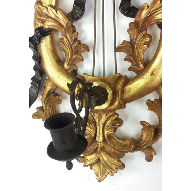Late 20th Century Vintage French Giltwood Lyre & Ribbons Wall Sconces- A Pair For Sale - Image 4 of 7