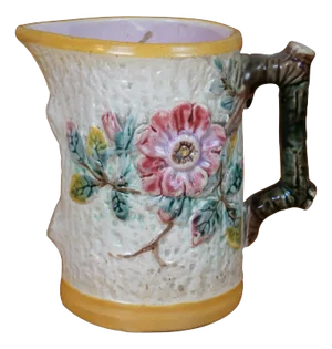 Antique Majolica Shorter & Boulton Rustic Wild Rose Tree Bark Pitcher Jug