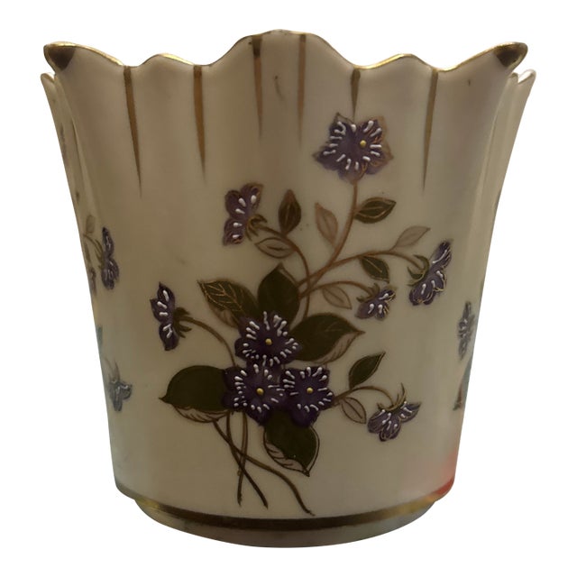 Vintage Floral Porcelain Vase With Scalloped Gilt Rim For Sale