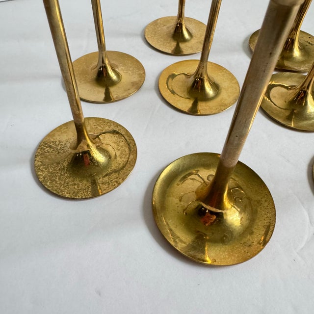 MCM Brass Graduated Tulip Style Candlestick Holders Vintage Taper Candle Holders Set of 9 For Sale - Image 4 of 9