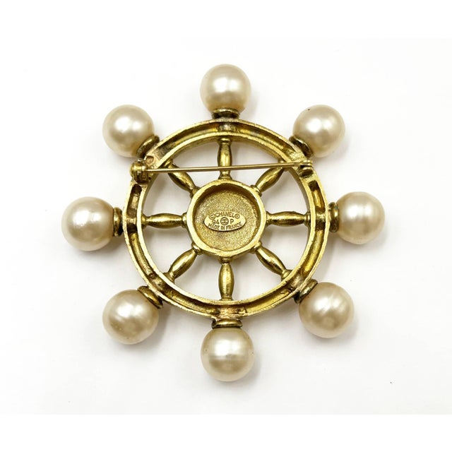 Chanel 1990s Chanel Vintage Gold Plated Sailor Wheel Faux Pearl Brooch For Sale - Image 4 of 4