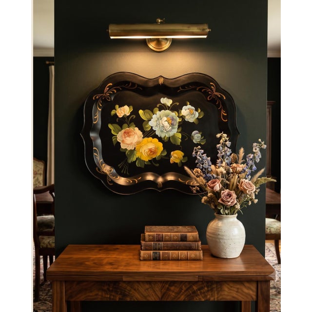 French Country Large 1950s Hand Painted Toleware Tray Black Metal Floral Serving Tole Fine Arts Studio For Sale - Image 3 of 14