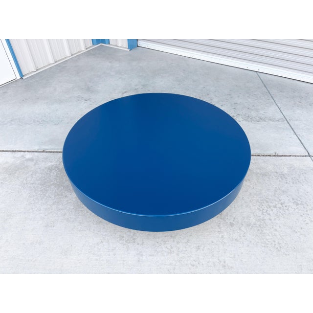 1960s Mid Century Blue Round Coffee Table With Chrome Base Styled After Willy Rizzo For Sale - Image 9 of 10