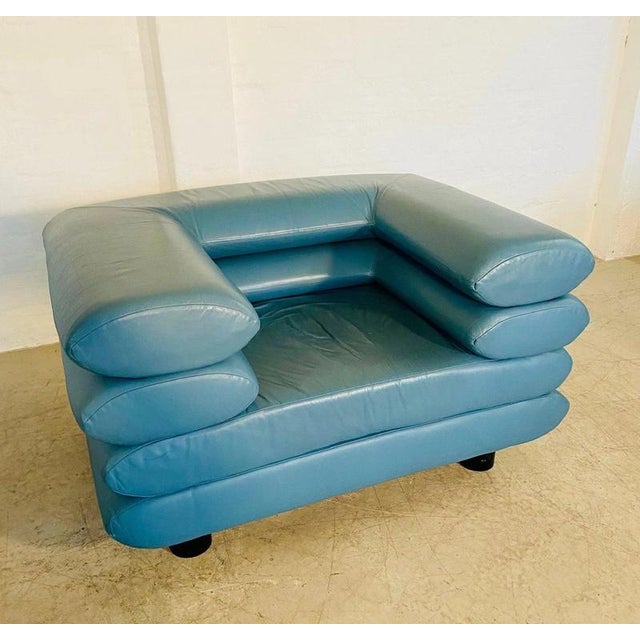 Vintage Postmodern Swedish Turquoise Leather Stacked Lounge Chair, 1980 For Sale - Image 6 of 18