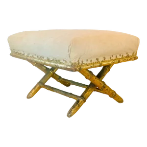 19th Century English Antique Giltwood Chinoiserie Faux Bamboo Petite Footrest in the Louis XV Style With Original Fabric Liner and Nails