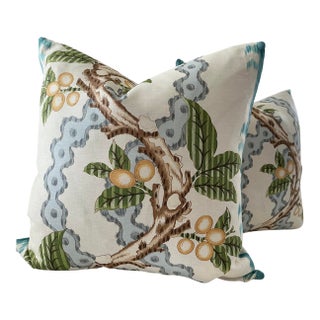 Brunschwig & Fils "Josselin" in Aqua and Mist 22" Down-Filled Pillows - A Pair For Sale