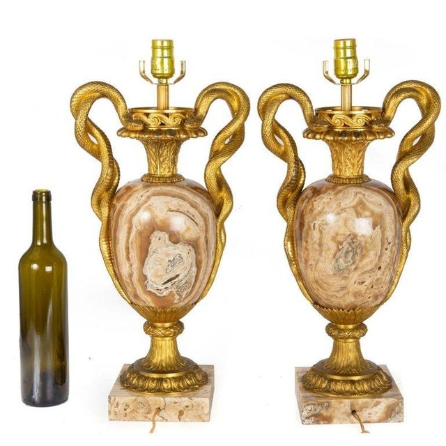 French Pair of French Louis XVI Gilt Bronze Lamps With Snake Handles Circa 1870 For Sale - Image 3 of 12