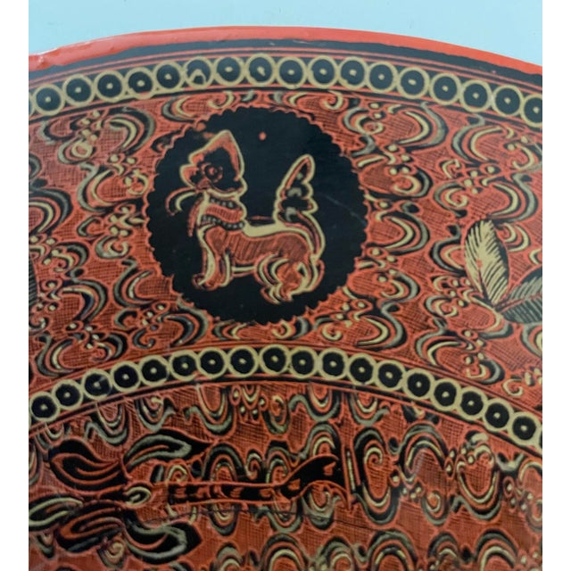 Early 20th Century Antique Burmese Lacquerware Plate of Palace With Animals in Medallions For Sale - Image 4 of 7
